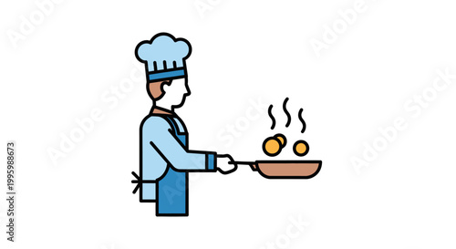 Chef cooking eggs in pan.