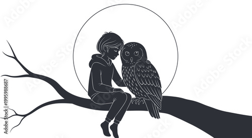 Child and owl sitting on tree branch under full moon