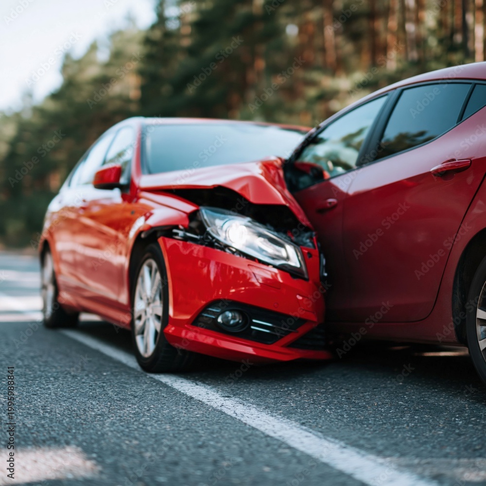 Fototapeta premium Close frontal impact between two red cars on paved forest road