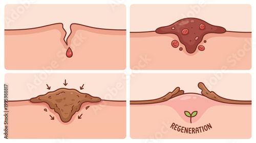Visual representation of the natural skin healing process showing wound closure, scab formation, and tissue regeneration