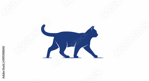 Dark blue cat walking sideways slowly.