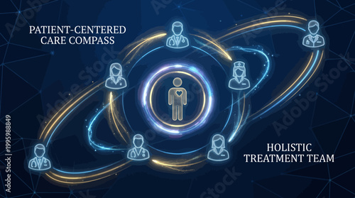 Elegant animated vector graphic visualizing a patient-centered care compass, depicting a holistic medical treatment team collaboratively orbiting a central patient figure within a secure network