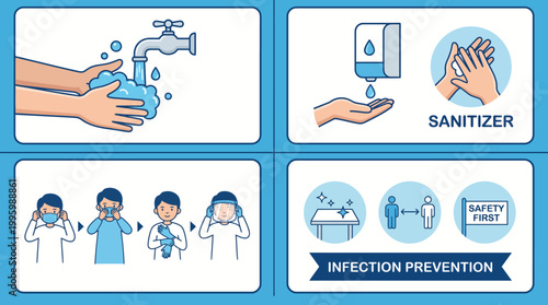 Illustrated guide to preventing the spread of germs and viruses with personal hygiene practices such as hand washing and sanitizing