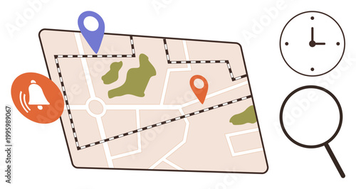 Travel planning, navigation, location tracking, mapping services, notification alerts, time management. Digital map with location markers, clock magnifying glass and bell icon. Navigation