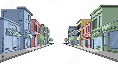 Colorful buildings line a street in a town.