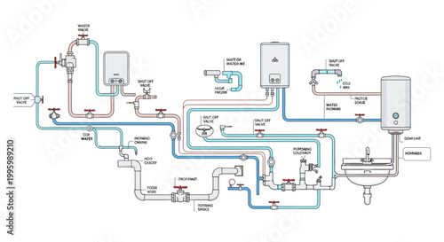 Household plumbing system diagram with water heaters and valves