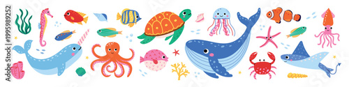 Cute sea animals collection. Vector set of funny marine creatures: whale, turtle, octopus, narwhal, jellyfish and shark. Underwater ocean life clip art for kids nursery and baby shower.