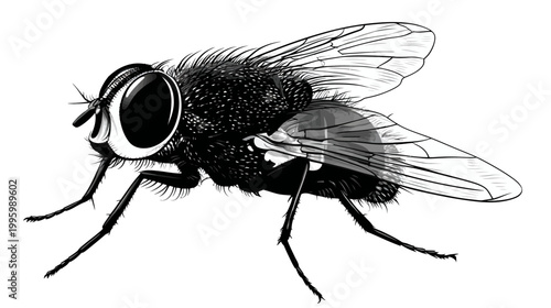 Detailed black and white sketch of a fly with large eyes and translucent wings