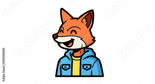 Cute anthropomorphic fox character wearing a blue jacket and smiling.