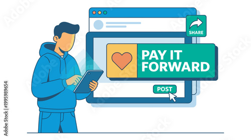 Man using laptop computer with a pay it forward notification on screen