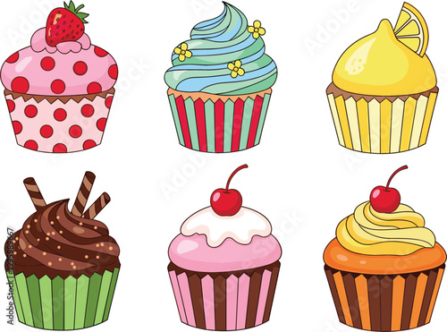 Colorful cupcakes set with different flavors and toppings sweet dessert bakery collection cartoon vector illustration isolated on light background