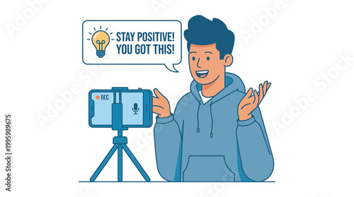 Young man recording a vlog about giving and kindness using a smartphone tripod