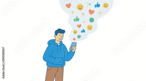Man looking at smartphone with floating social media icons representing viral kindness