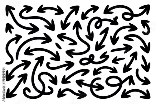 A chaotic arrangement of black arrows pointing in various directions on a white background