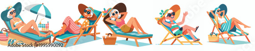 vector of a grandma lying on her back relaxing on a beach chair during summer