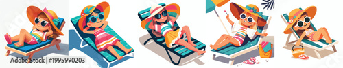vector of a little girl lying on her back relaxing on a beach chair during summer