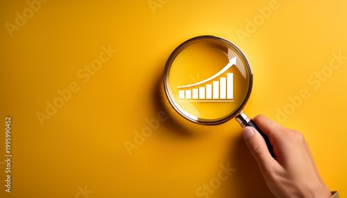business analytics growth concept with hand holding magnifying glass on yellow background