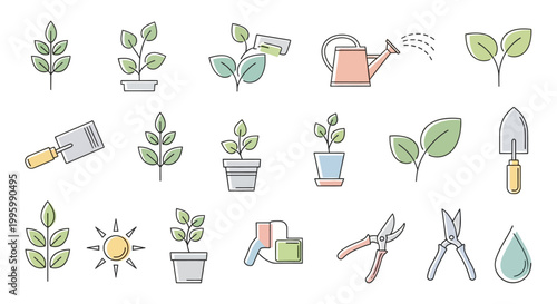 Gardening tools and plants icons set.