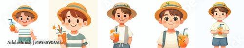 half body vector of a little boy standing holding an iced orange enjoying summer