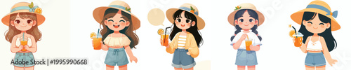 half body vector of a little girl standing holding an iced orange enjoying summer