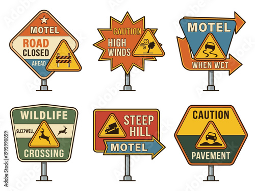 A collection of various road signs are displayed on a clean white background for reference.