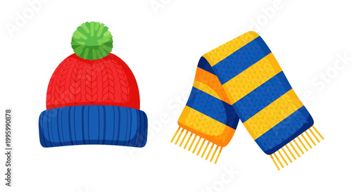 Cozy Winter Hat and Scarf Set - Red, Blue, Yellow, Green Pom Pom