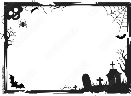 Halloween spooky frame border, haunted graveyard with bats spider web silhouette vector illustration design