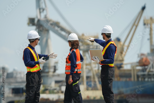 Construction site team planning industrial port professional work urban environment collaborative viewpoint safety focus