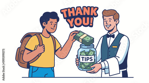 Young man giving generous tip to waiter in restaurant, kindness and appreciation concept