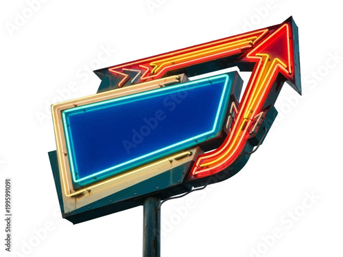 A vibrant neon sign with a blank blue panel and a red arrow points to the right on a black pole in a city.