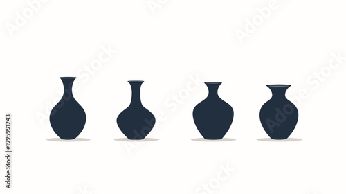 Four dark silhouettes of vases with variations in shape, arranged in a horizontal row