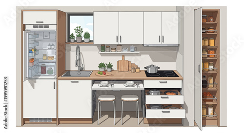 Modern kitchen layout, compact cabinet design, home interior illustration, vector floor plan