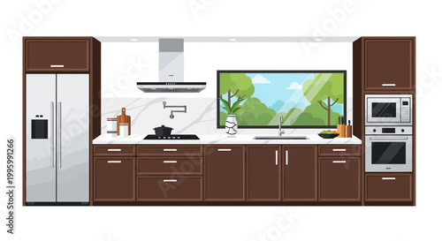 Modern kitchen, brown cabinets, white countertops, appliances, vector illustration, home design, interior decoration, kitchen layout