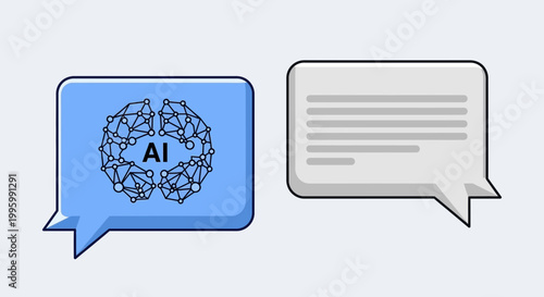 AI chatbot, robot conversation, speech bubbles, artificial intelligence icons, vector graphics
