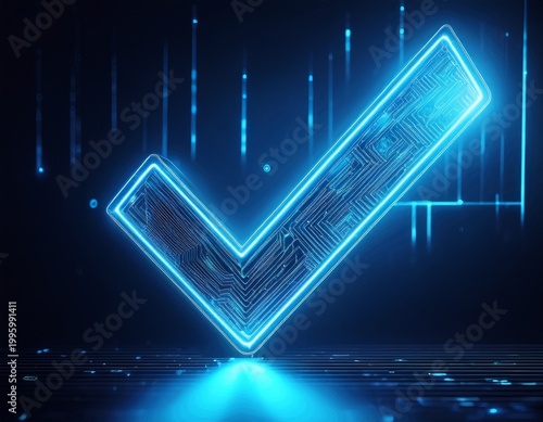 abstract digital check mark symbol glowing with neon blue light against a dark background