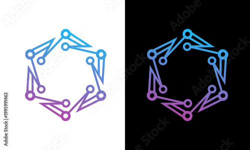 Geometric shapes connect in a circular pattern on white and black backgrounds