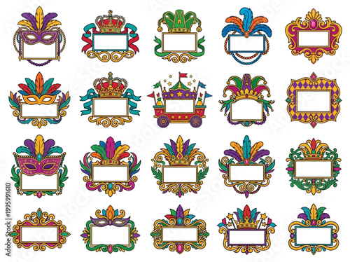 Mardi Gras masks and decorative frames on display at a festive event in New Orleans.