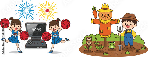 Cartoon cheerleaders with fireworks and gaming console, scarecrow farmer in garden illustration set, kids activities and agriculture themed vector collection