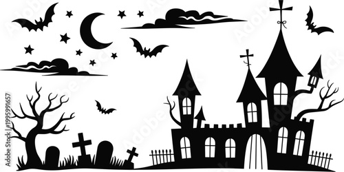 Halloween haunted castle scene, spooky night landscape with bats moon graveyard silhouette vector illustration