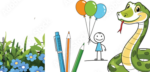 Cartoon snake, child with balloons, school stationery and flowers illustration set, nature, education and playful elements vector collection design