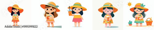 vector of a little girl standing holding an iced orange enjoying summer