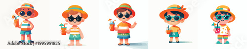 vector of a little boy standing holding an iced orange enjoying summer