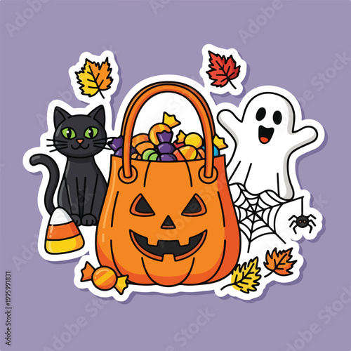 Halloween candy in pumpkin bucket.