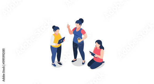 Three women in casual attire discussing work-related topics and ideas.