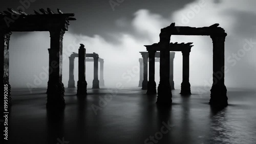 Mysterious and Ethereal Ruins Silhouetted in Foggy Water with Dramatic Shadows in Monochrome