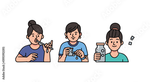 Three women in casual attire with different activities on white background.