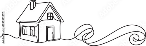 Simple one line drawing of a house with chimney and windows isolated on transparent background
