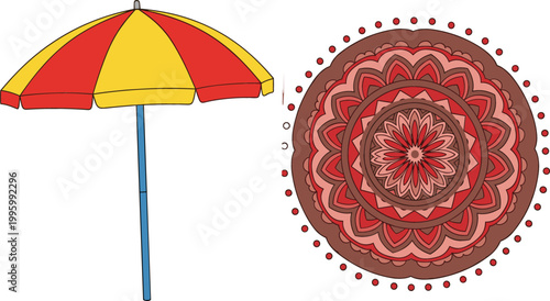 Colorful beach umbrella and decorative mandala ornament illustration set, summer accessory and intricate pattern design vector collection for creative projects