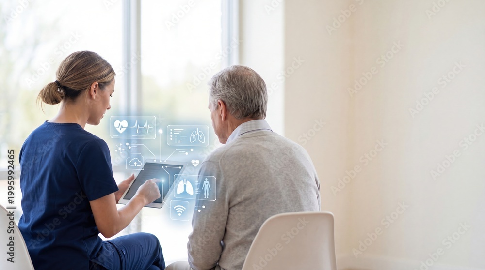 Obraz premium Future healthcare technology elderly patient consultation session nurse doctor explaining medical data on tablet hologram device