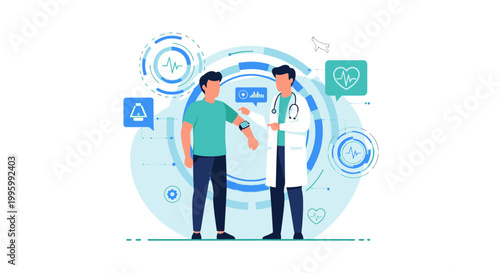 Doctor checking patient's blood pressure with futuristic medical technology interface